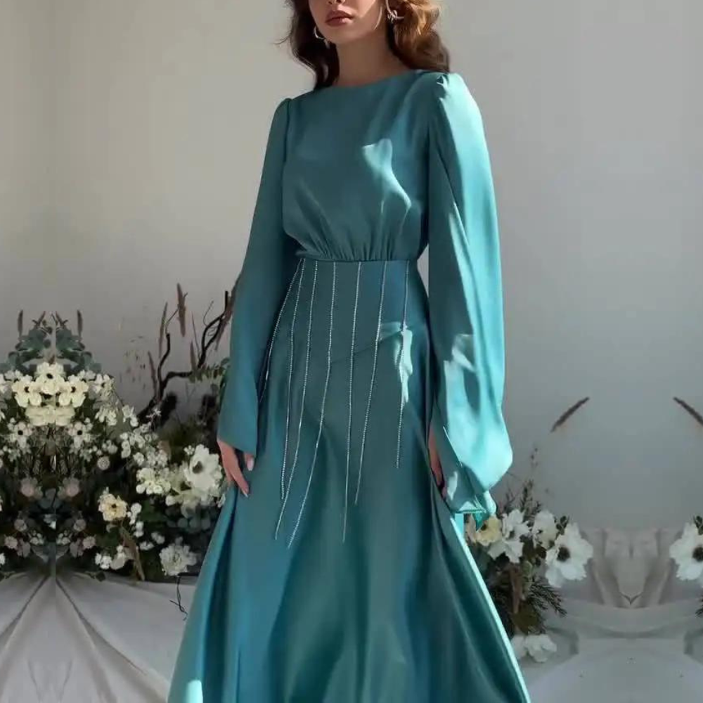 Teal Blue Satin Modest Sparkly Flare Sleeves Maxi Dress S