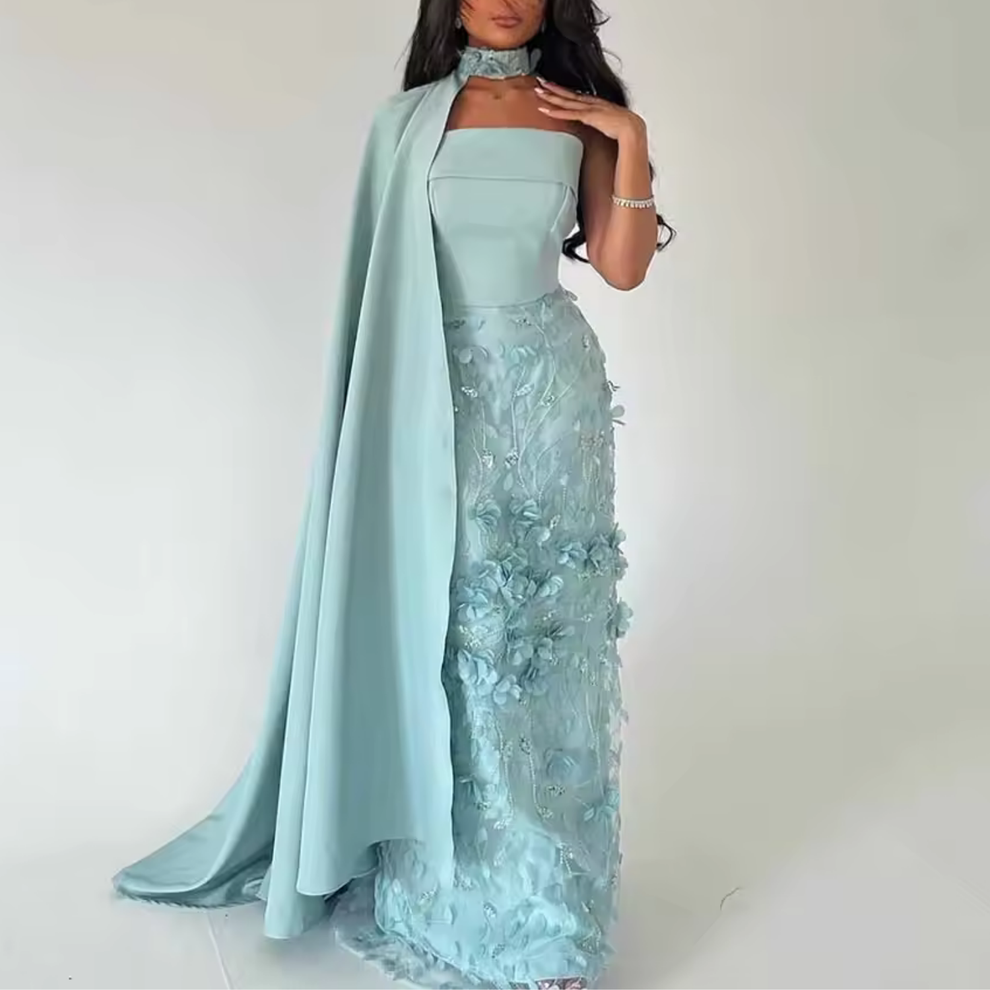 Aqua Blue Satin 3D Flower Applique Cape One Shoulder Floor-Length Dres