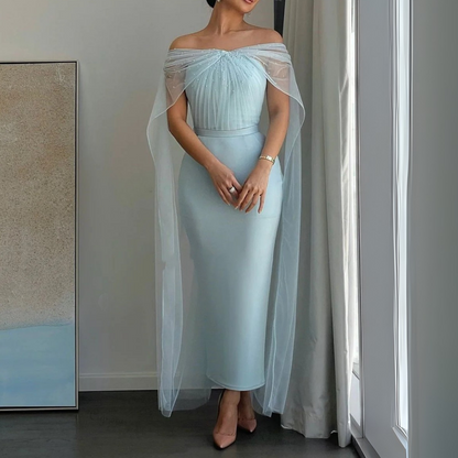Baby Blue Satin Sparkly Mesh Cap Sleeves Pleated Dress