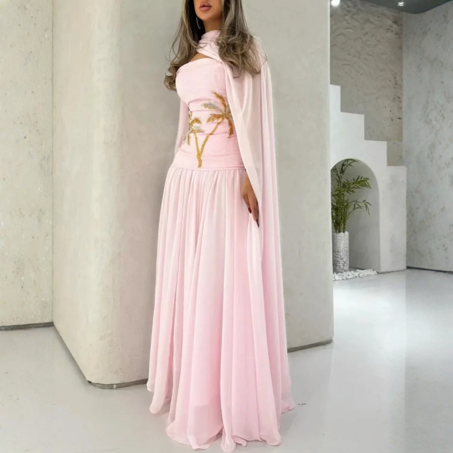 Baby Pink Chiffon Sleeveless Long Evening Dress with Scarf, Left