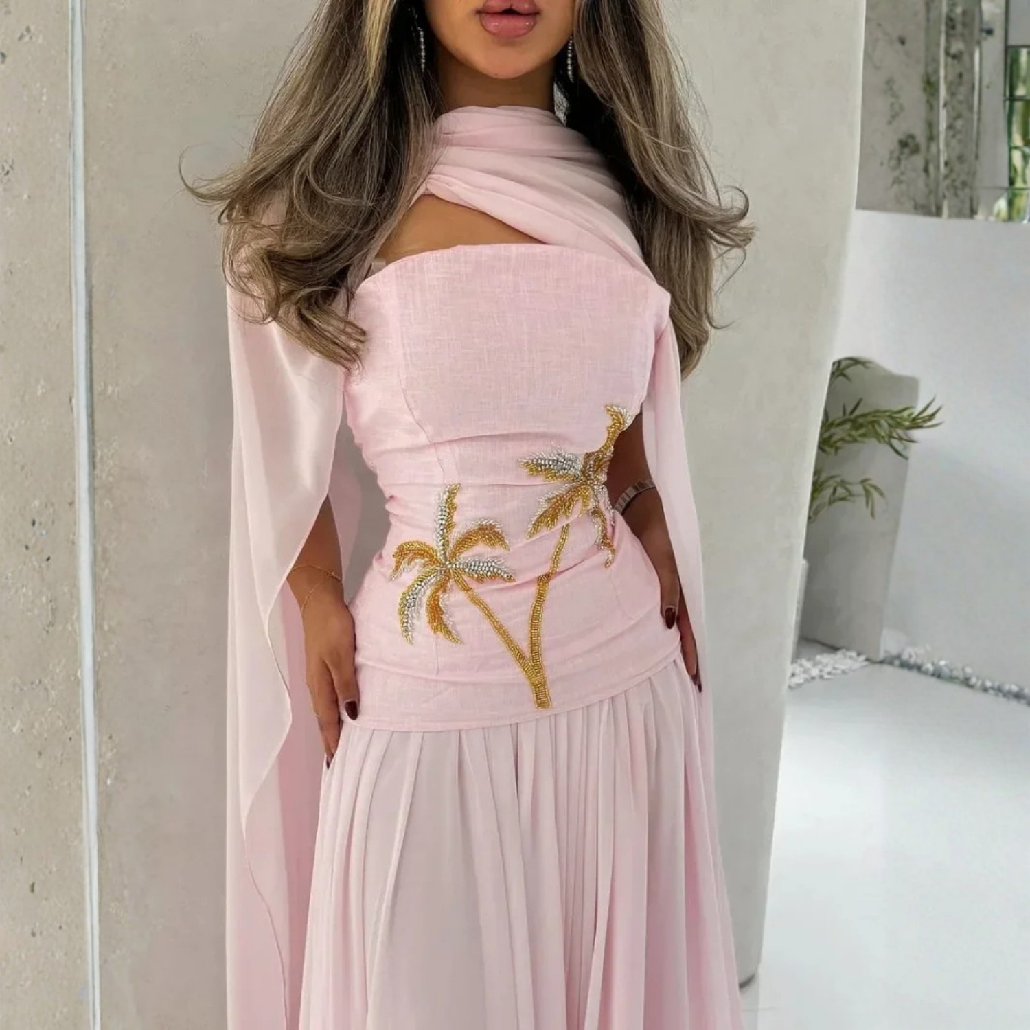 Baby Pink Chiffon Sleeveless Long Evening Dress with Scarf, Close Up