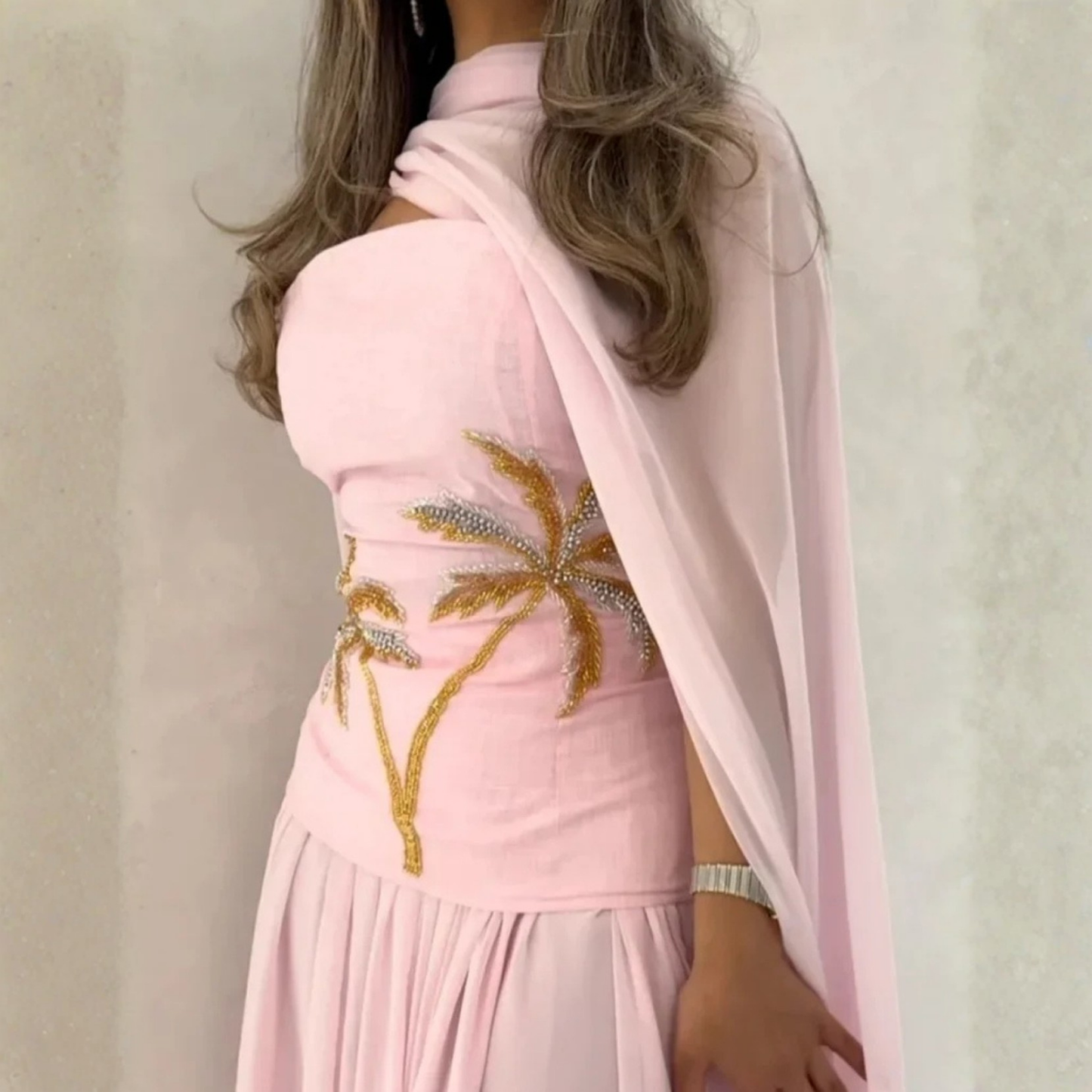 Baby Pink Chiffon Sleeveless Long Evening Dress with Scarf, Close Up 2