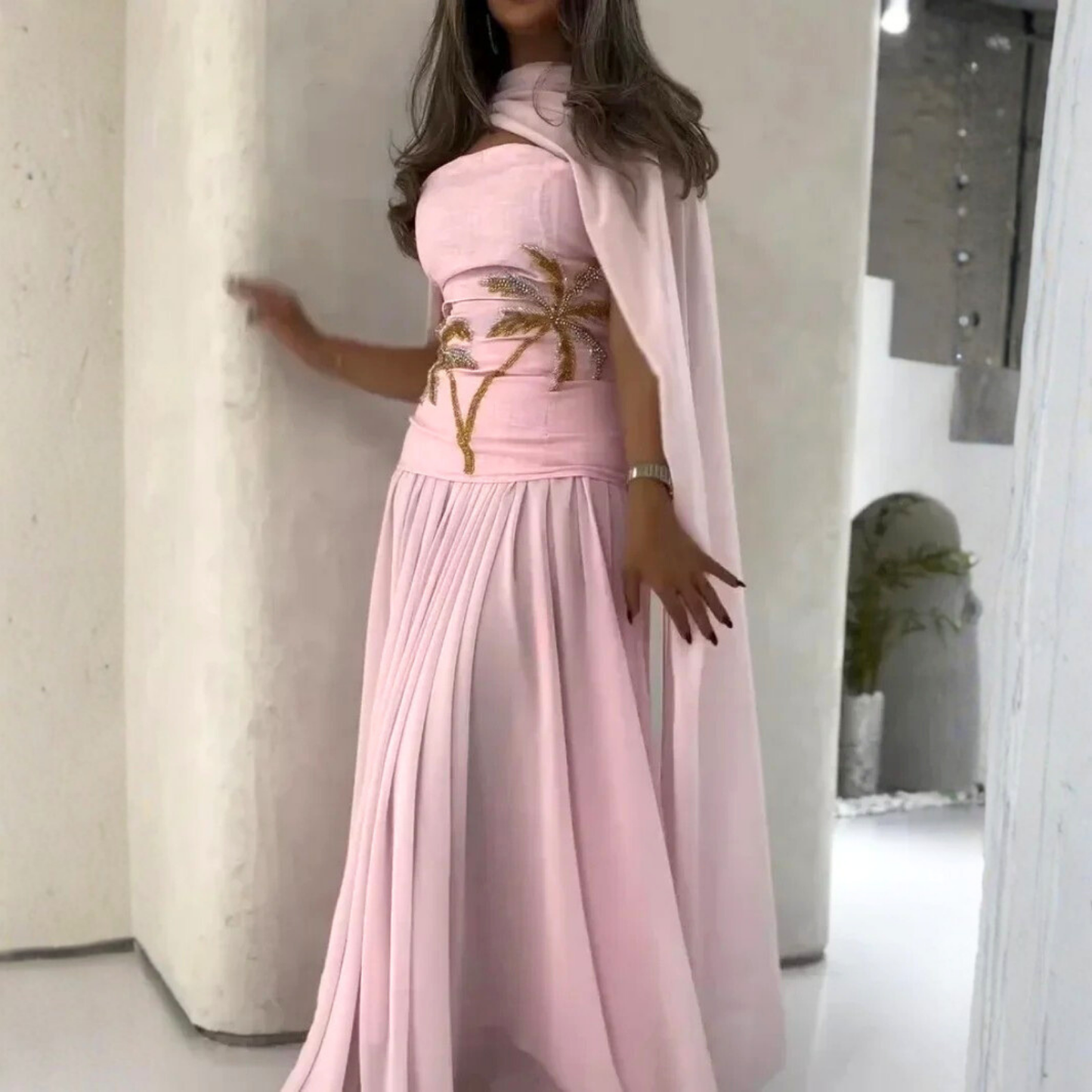 Baby Pink Chiffon Sleeveless Long Evening Dress with Scarf, Right