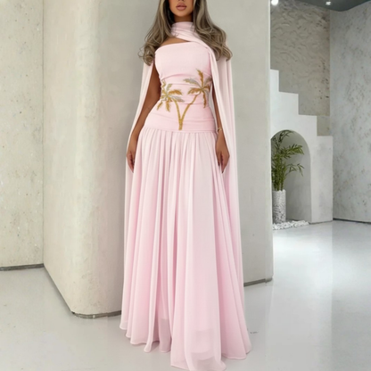 Baby Pink Chiffon Sleeveless Long Evening Dress with Scarf