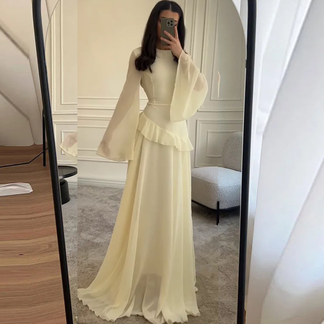 Light Yellow Modest Chiffon Flare Sleeves A-Line Long Dress XL / Light Blue Light Yellow Modest Chiffon Flare Sleeves A-Line Long Dress XL / Light Blue