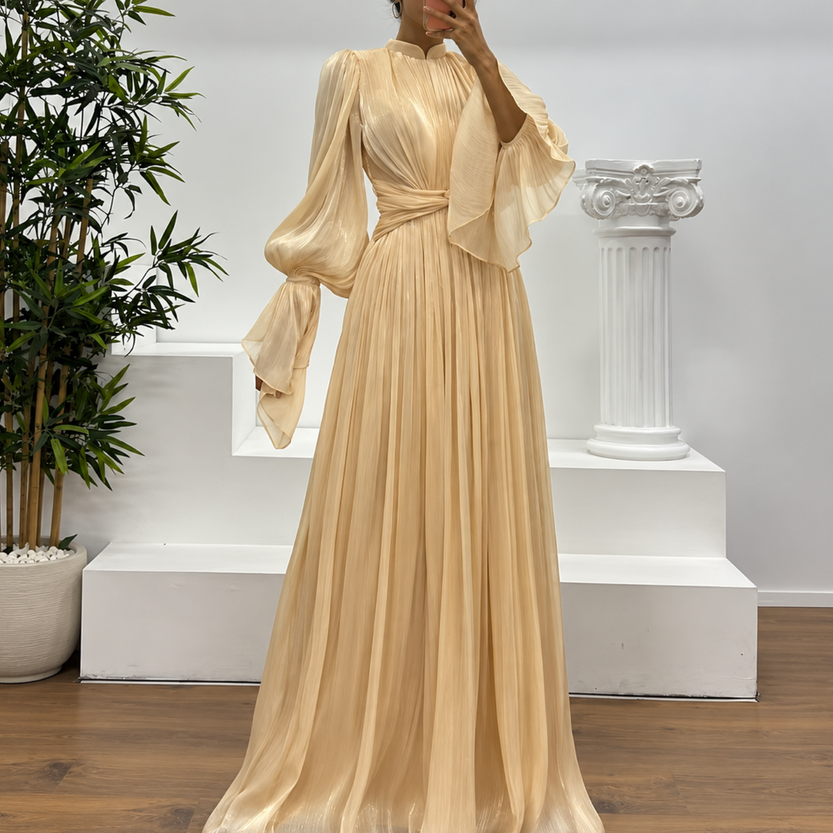 Beige Organza Pleated High-Neck Balloon Sleeves A-Line Gown