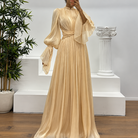 Beige Organza Pleated High-Neck Balloon Sleeves A-Line Gown