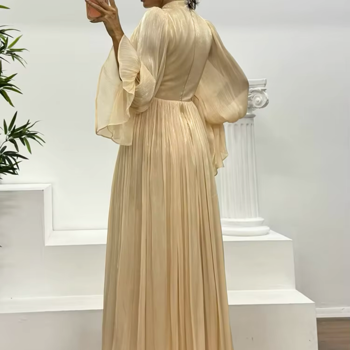 Beige Organza Pleated High-Neck Balloon Sleeves A-Line Gown
