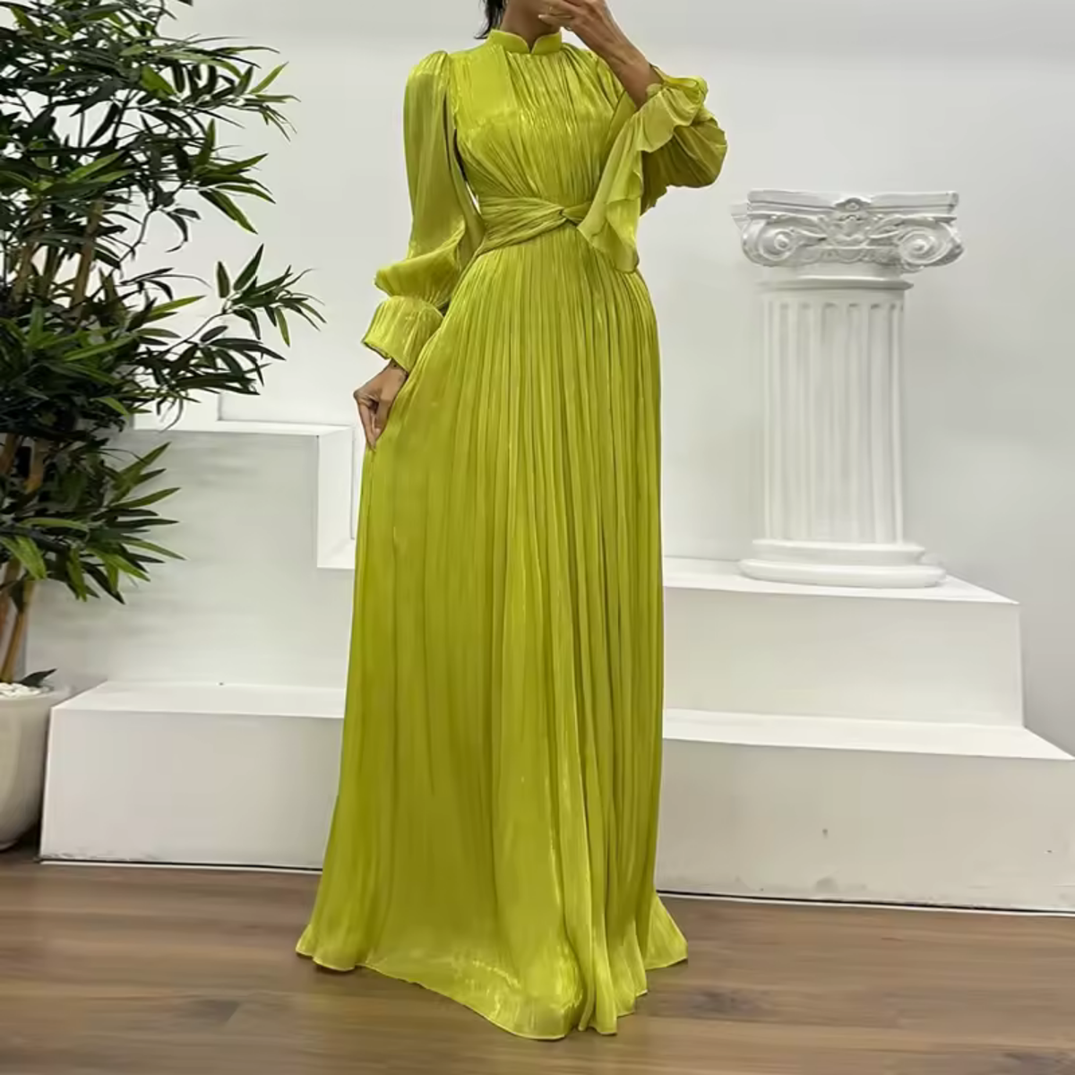 Green Organza Pleated High-Neck Balloon Sleeves A-Line Gown