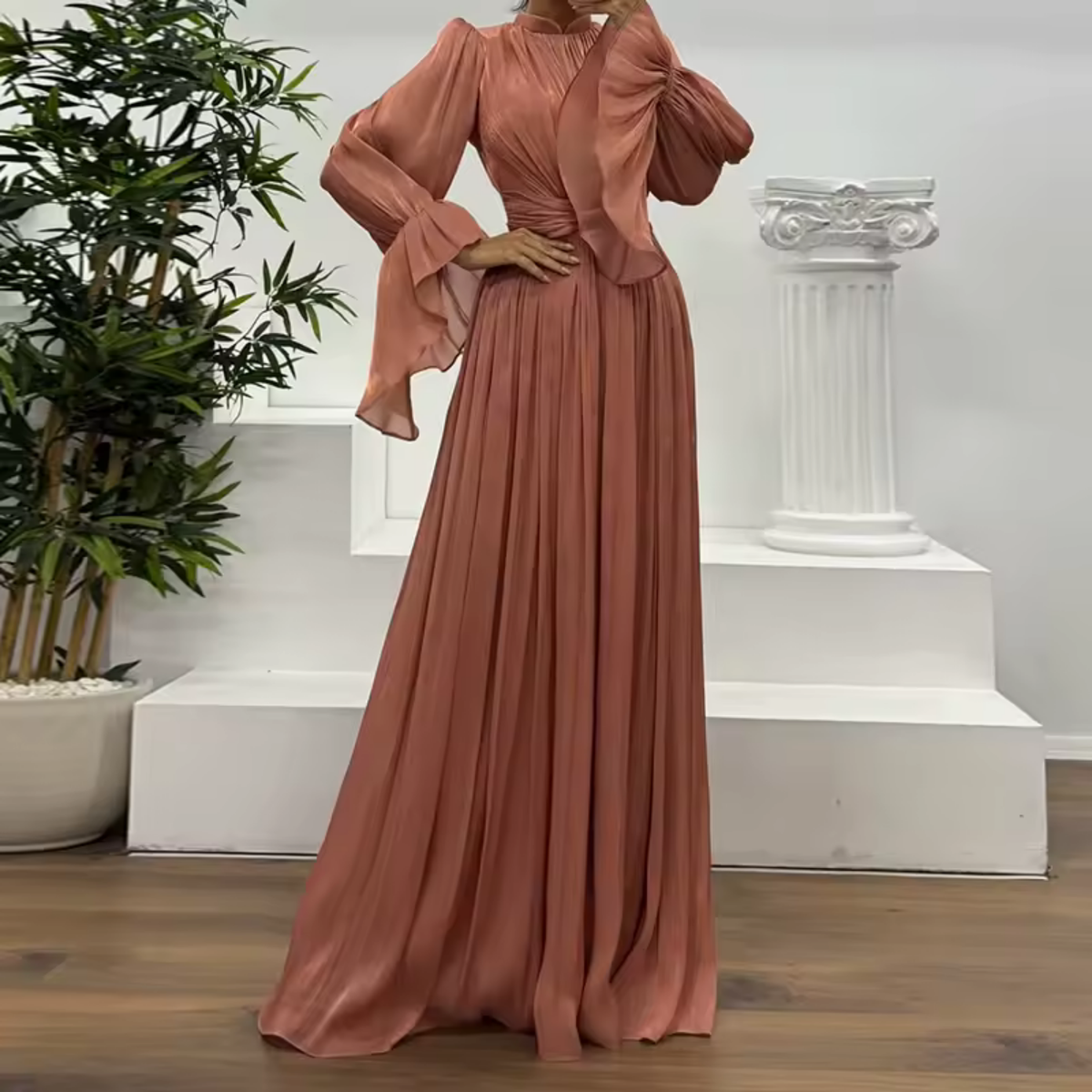 Dusty Red Organza Pleated High-Neck Balloon Sleeves A-Line Gown