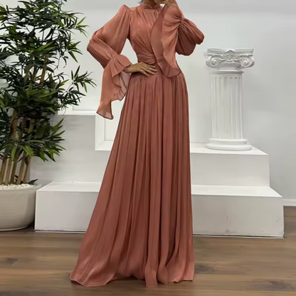 Dusty Red Organza Pleated High-Neck Balloon Sleeves A-Line Gown