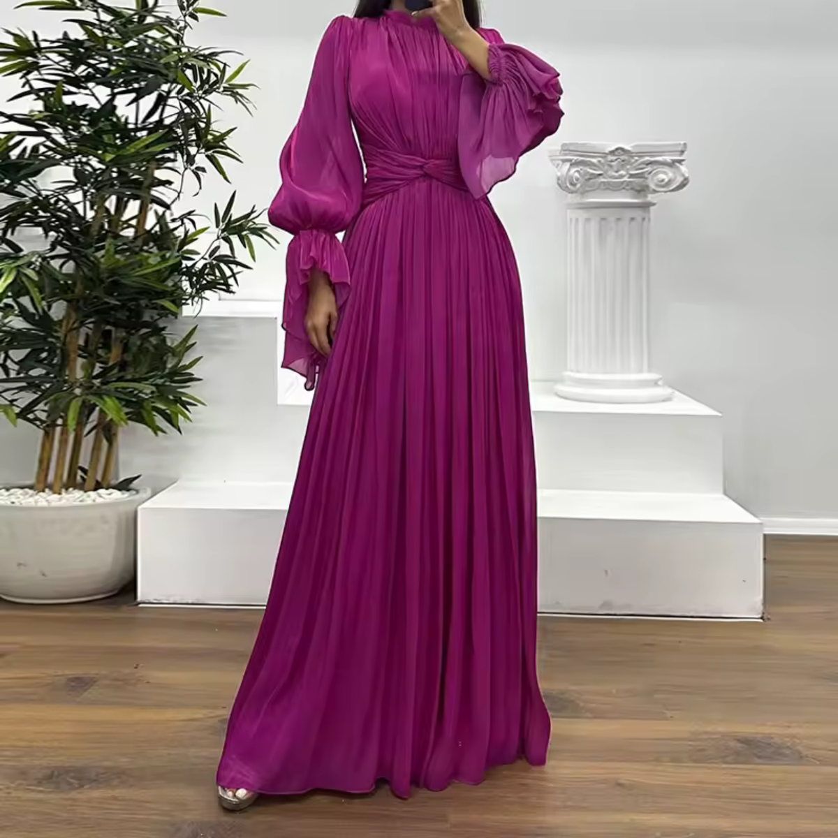 Purple Organza Pleated High-Neck Balloon Sleeves A-Line Gown