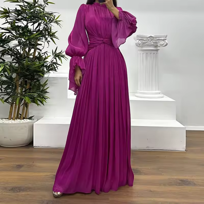 Purple Organza Pleated High-Neck Balloon Sleeves A-Line Gown