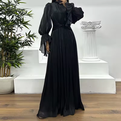 Black Organza Pleated High-Neck Balloon Sleeves A-Line Gown