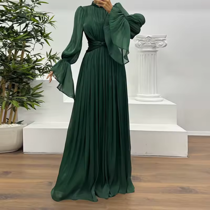Dark Green Organza Pleated High-Neck Balloon Sleeves A-Line Gown