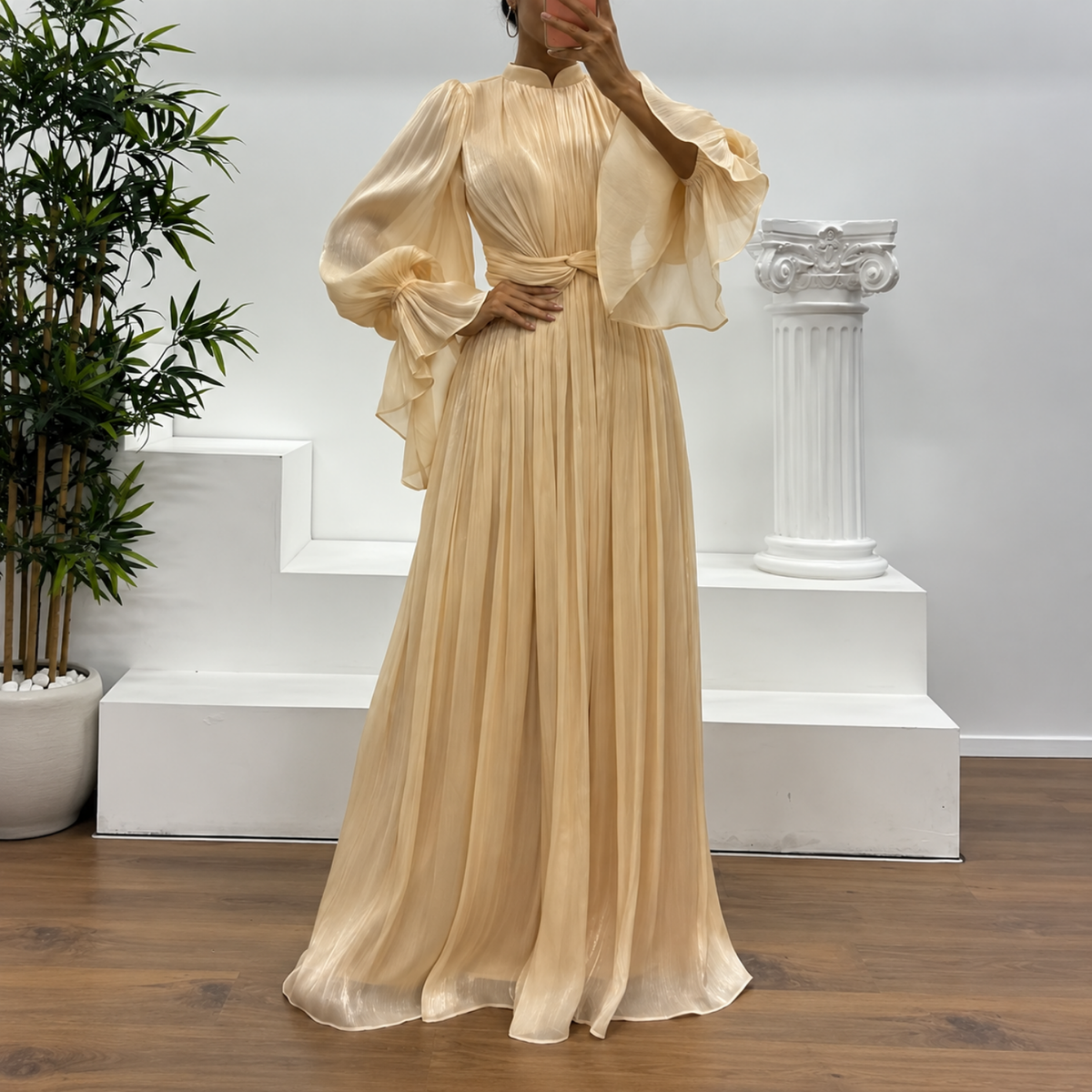 Beige Organza Pleated High-Neck Balloon Sleeves A-Line Gown