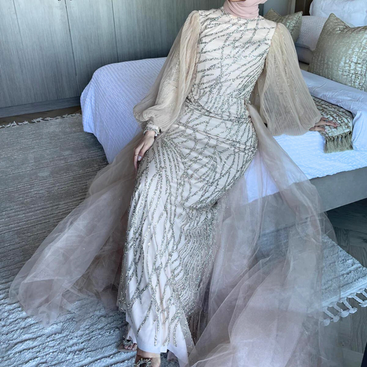 Beige Sequin Mermaid Modest Evening Dress
