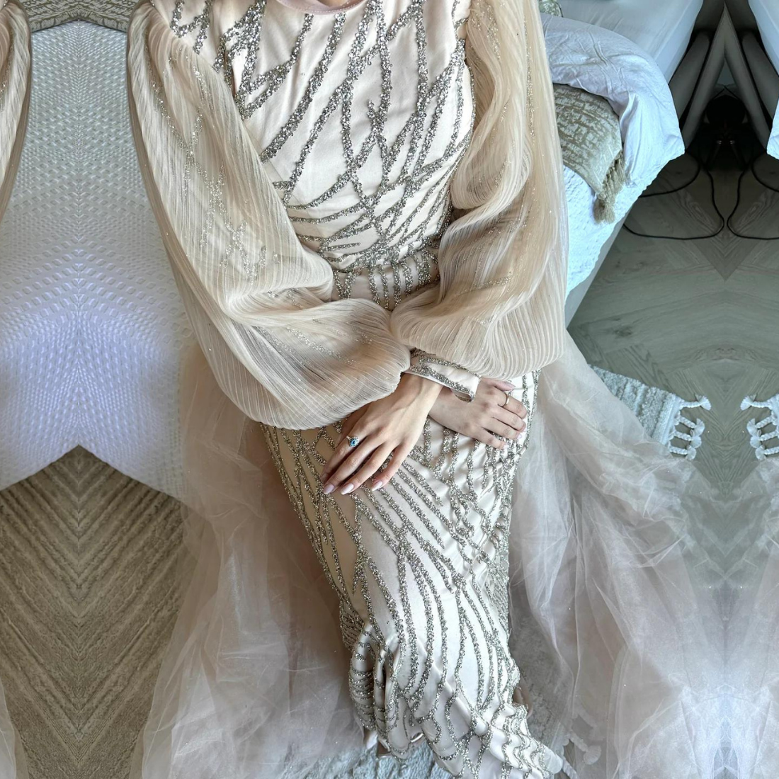 Beige Sequin Mermaid Modest Evening Dress