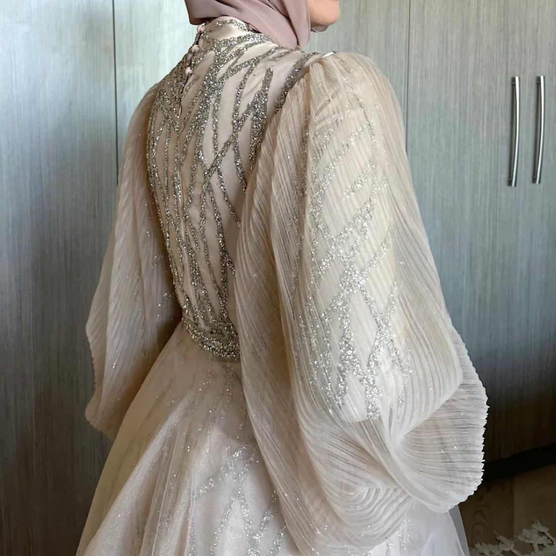 Beige Sequin Mermaid Modest Evening Dress