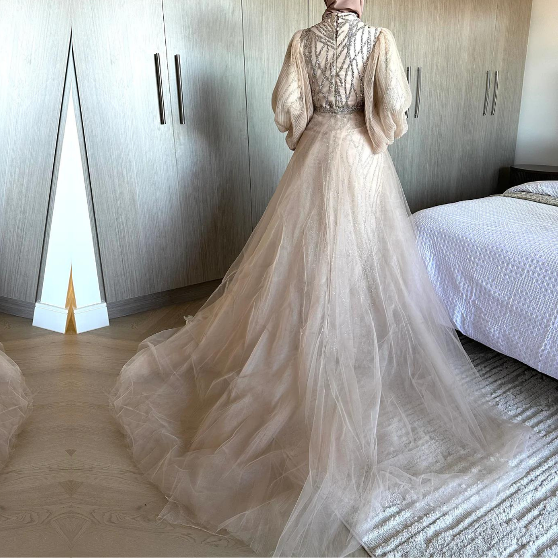 Beige Sequin Mermaid Modest Evening Dress