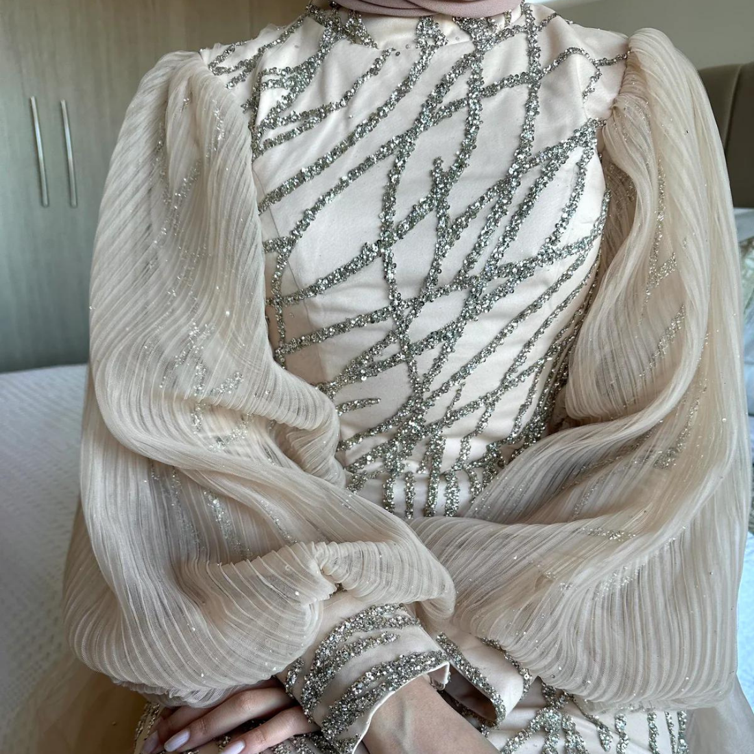Beige Sequin Mermaid Modest Evening Dress