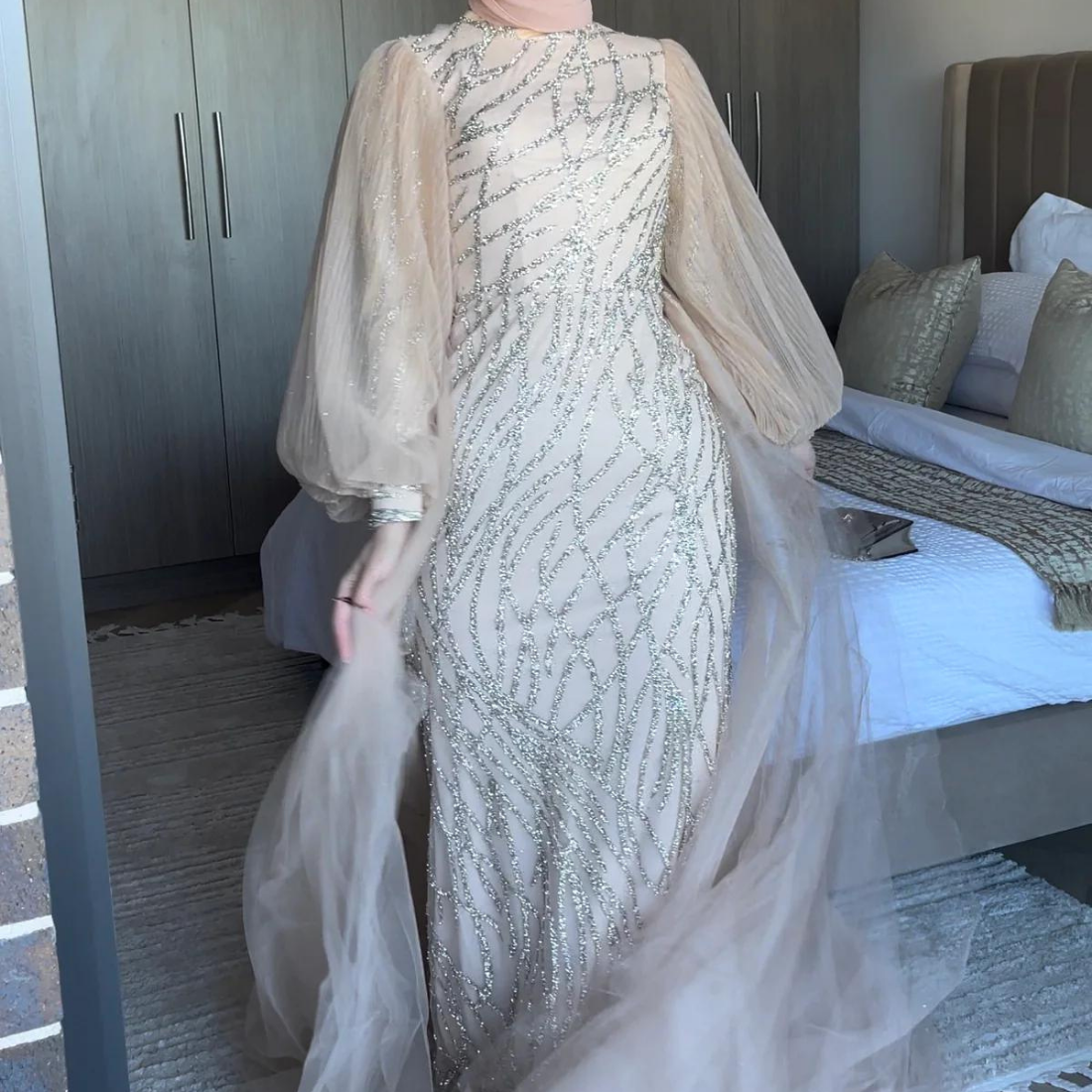 Beige Sequin Mermaid Modest Evening Dress