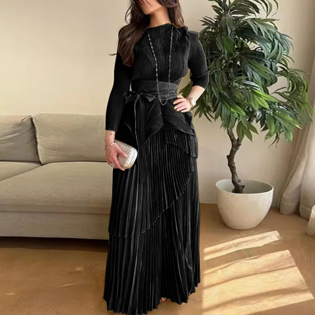 Black Modest Bow Belt Multilayered Pleated Long Dress