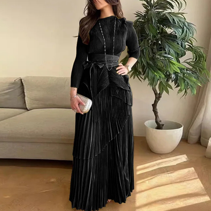 Black Modest Bow Belt Multilayered Pleated Long Dress