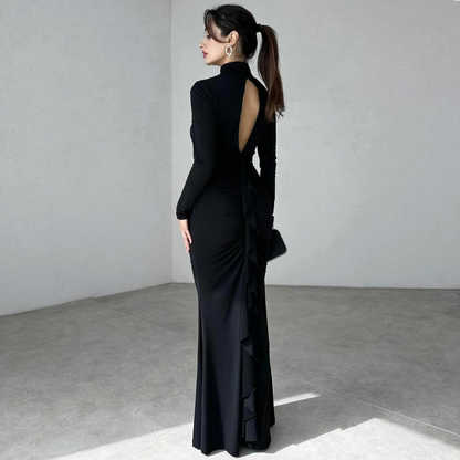 Black Pleated High Neck Modest Long Dress, Back