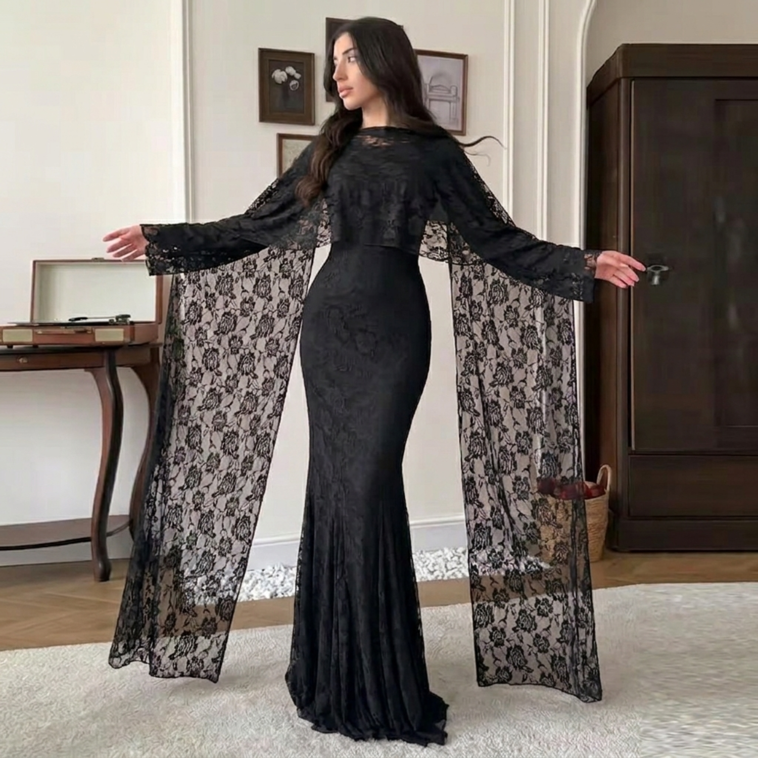 lace dress with scarf Dark Brown Floral Long Sleeves Mermaid Maxi Matching new 2 Pre-Millenial revival: The 90's Featuring a sweetheart neck Size:XS (US 0-2)