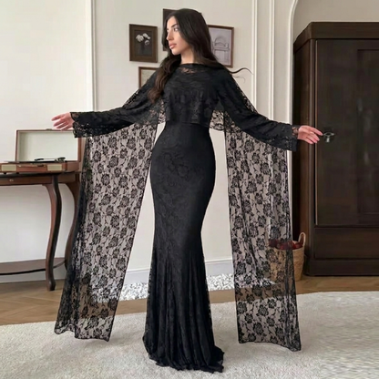 Black Floral Lace Long Sleeves Maxi Dress with Scarf