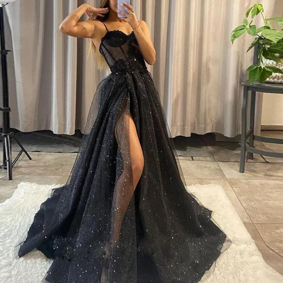 Black Glitter Tulle Princess Prom Dress, Front