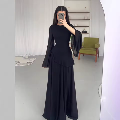 Black Modest Chiffon Flare Sleeves A-Line Long Dress