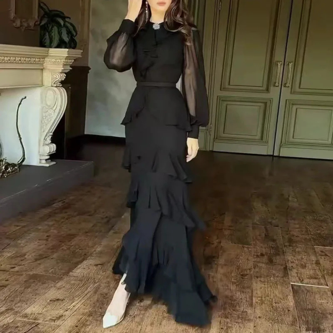 Black Modest Chiffon Ruffle Puff Sleeves Mermaid Long Dress