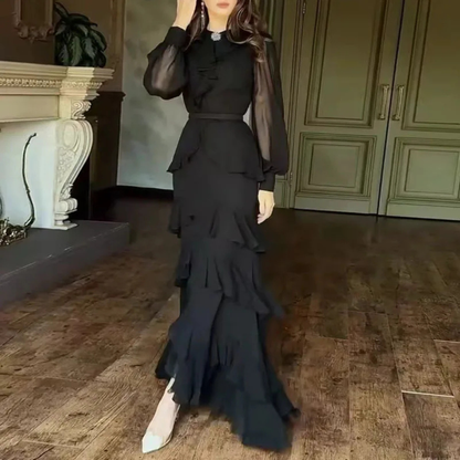 Black Modest Chiffon Ruffle Puff Sleeves Mermaid Long Dress