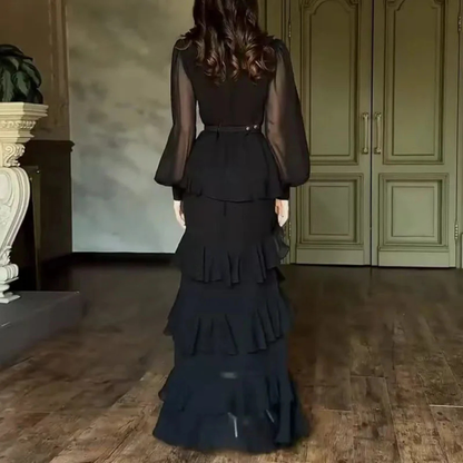 Black Modest Chiffon Ruffle Puff Sleeves Mermaid Long Dress, Back