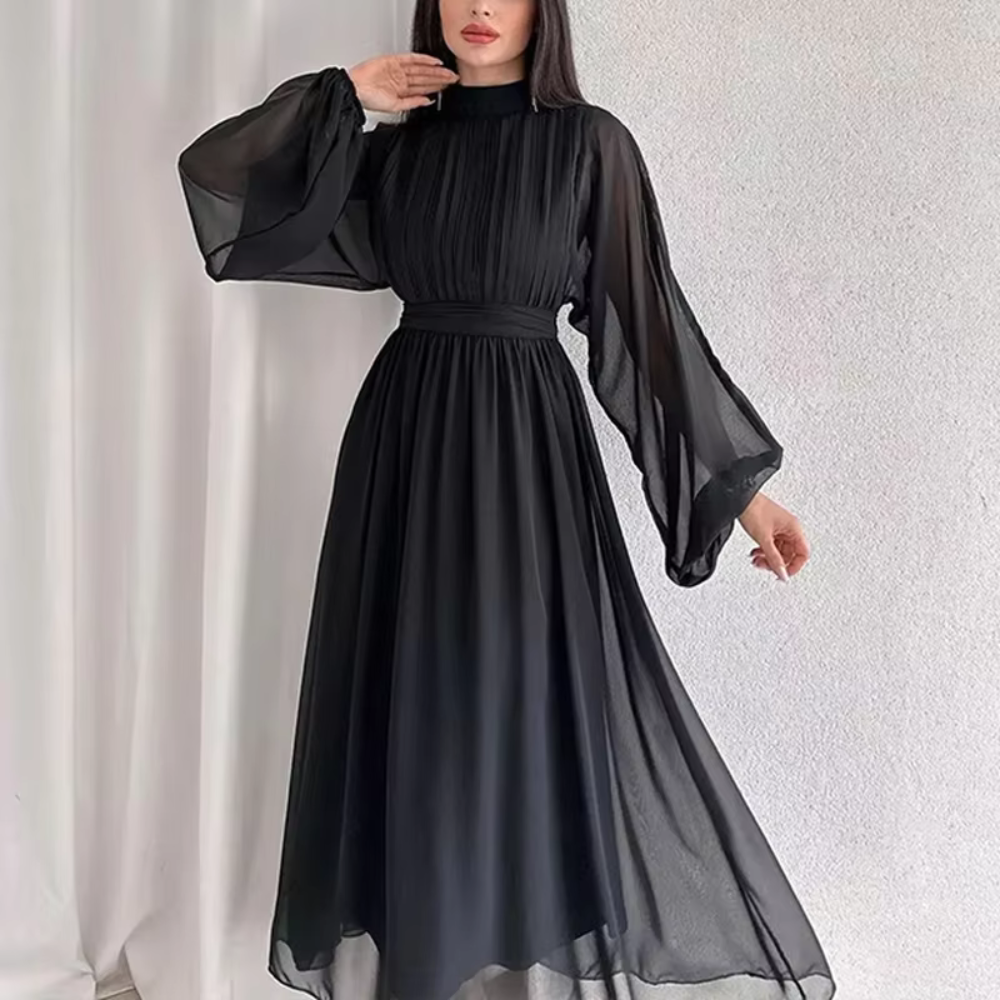 Modest Pleated Chiffon Flare Sleeves Midi Dress, Black