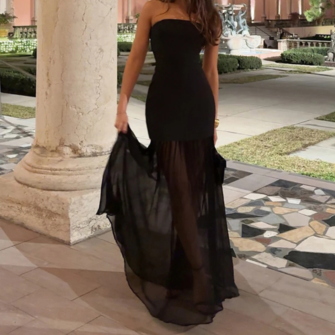 Black Sleeveless Tube Neck Elegant Mesh Long Dress