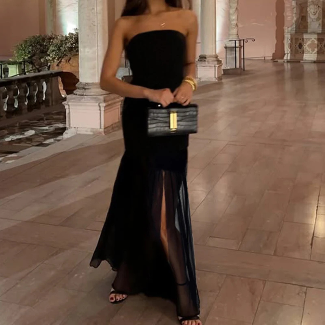 Black Sleeveless Tube Neck Elegant Mesh Long Dress, Front