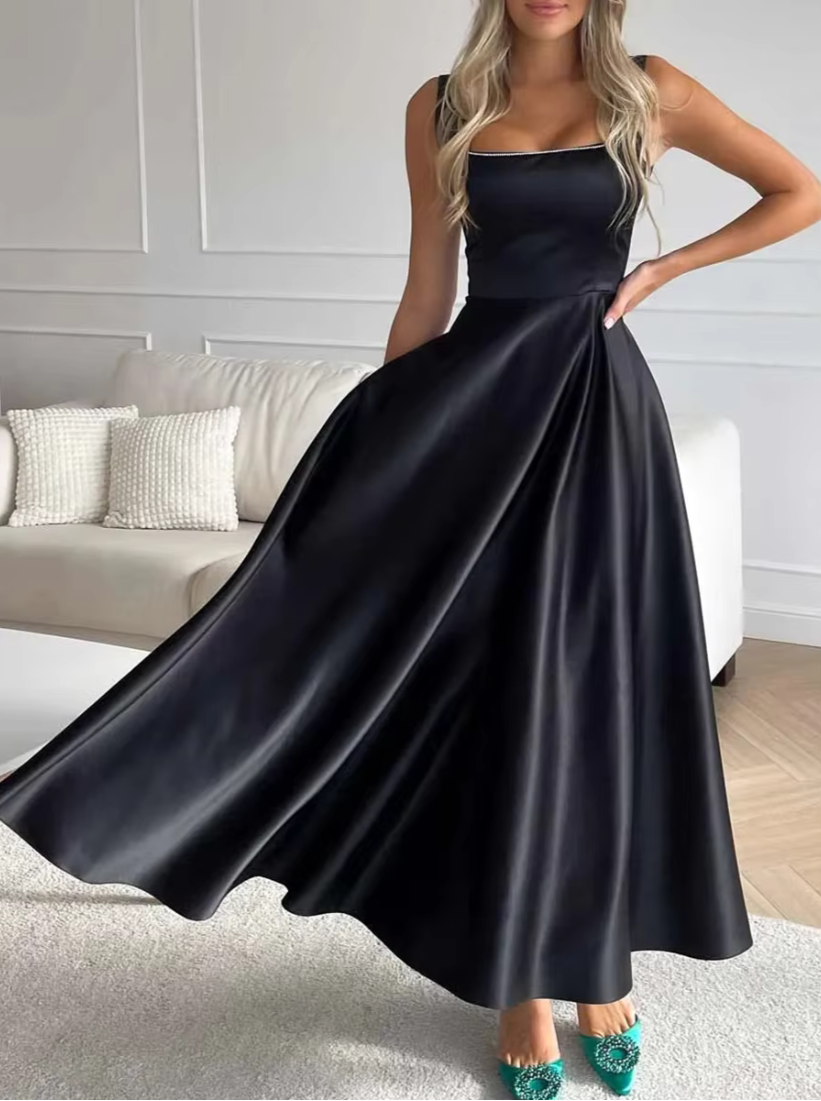 Black Square Neck Sleeveless Satin Midi Dress, Left