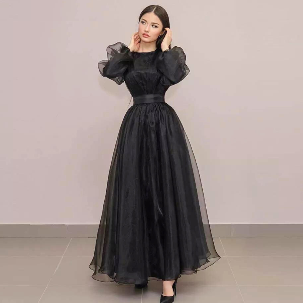 Black Tulle Modest Elegant Puff Sleeves Evening Dress, Front