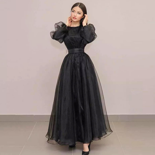 Black Tulle Modest Elegant Puff Sleeves Evening Dress, Front