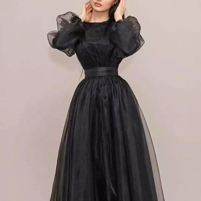 Black Tulle Modest Elegant Puff Sleeves Evening Dress, Close Up