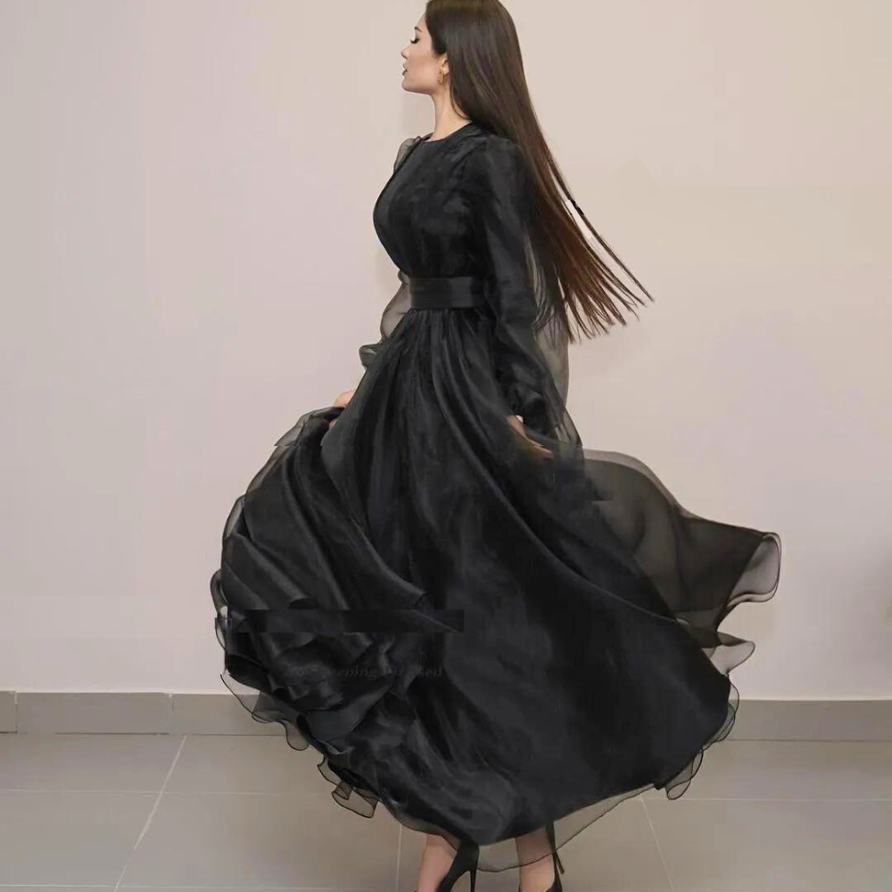 Black Tulle Modest Elegant Puff Sleeves Evening Dress, Left