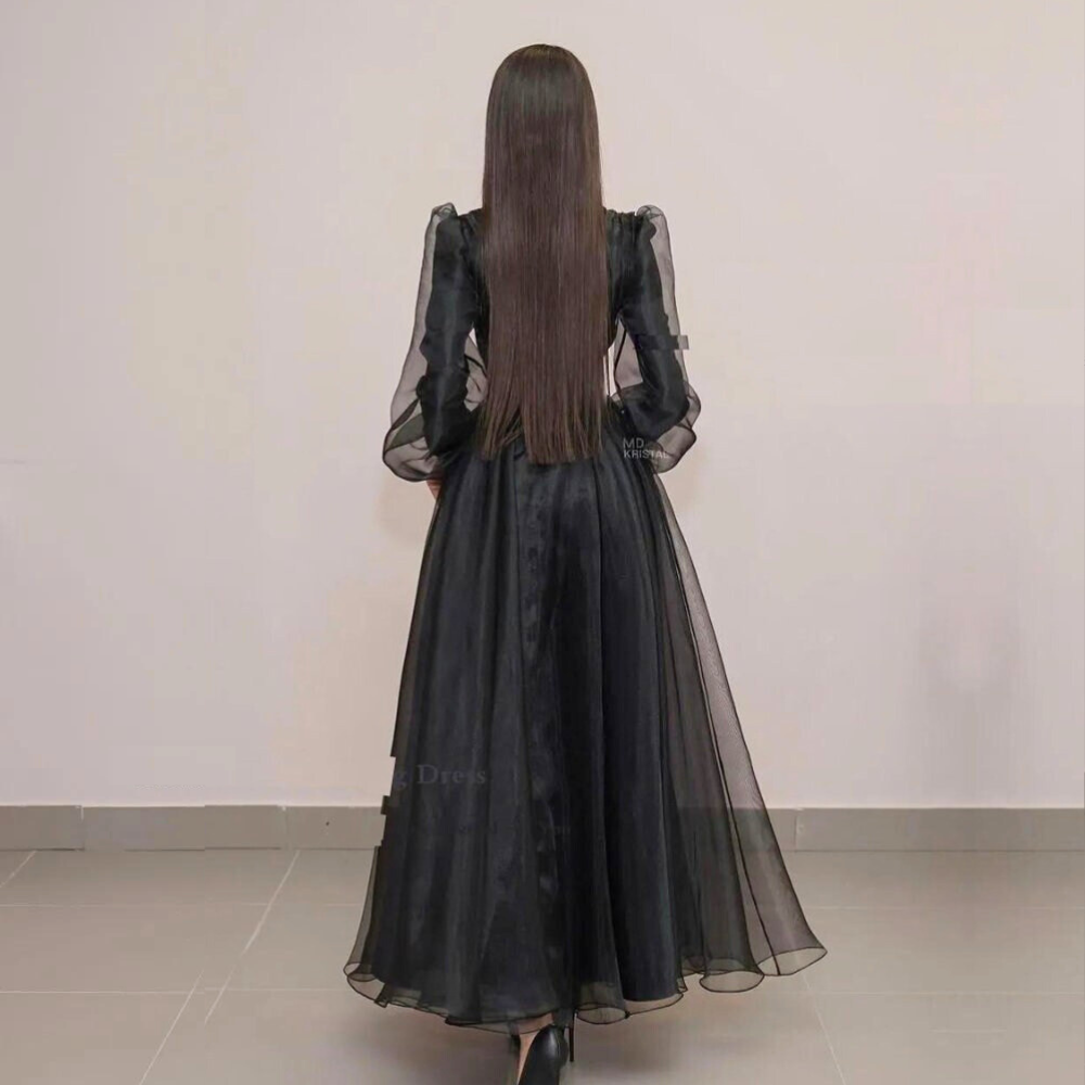 Black Tulle Modest Elegant Puff Sleeves Evening Dress, Back
