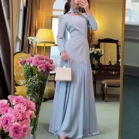 Blue Elegant Modest Square Neck Floor-Length Dress