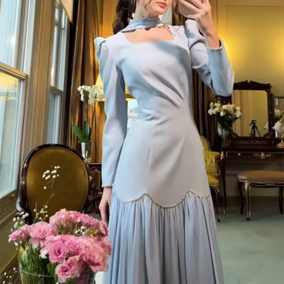 Pink Elegant Modest Square Neck Floor-Length Dress, Close Up