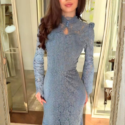 Blue Floral Lace High Neck Long Sleeves Mermaid Maxi Dress