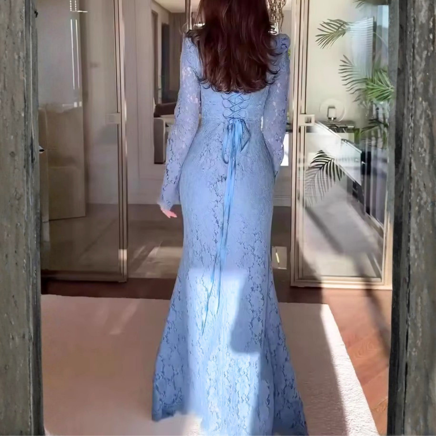Blue Floral Lace High Neck Long Sleeves Mermaid Maxi Dress, Back