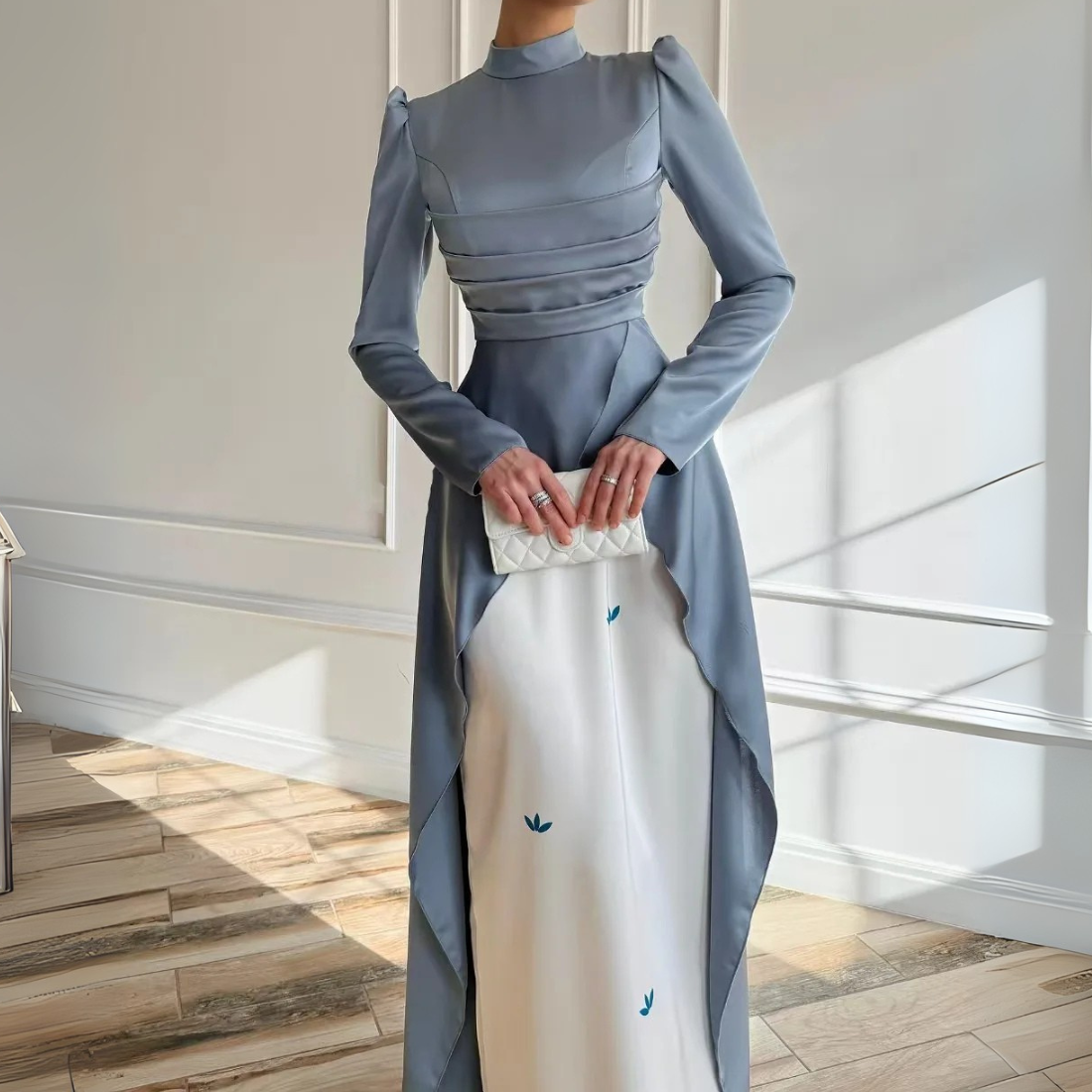 Blue High Neck Satin Pleated Modest Train Evening Dress Little Lala Boutique Blue High Neck Satin Pleated Modest Train Evening Dress Little Lala Boutique